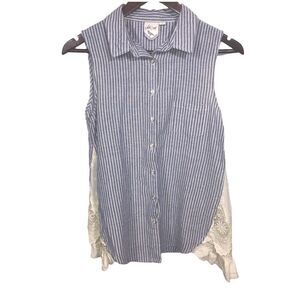 White Crow Sleeveless Blue & White Striped Button Down Top